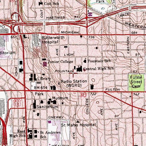 Topographic Map of Central High School Historical Marker, MI
