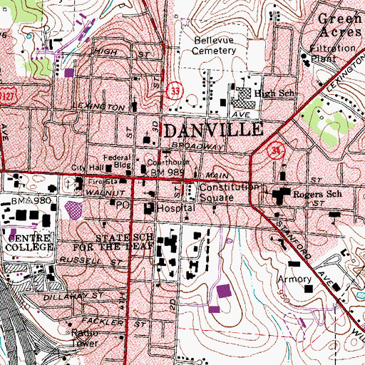 Topographic Map of Ephraim McDowell House State Historical Site, KY