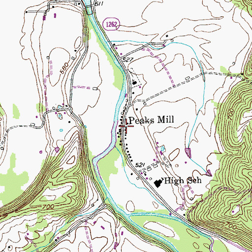 Topographic Map of Peaks Mill Post Office (historical), KY
