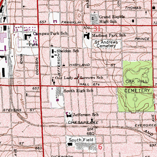 Topographic Map of First Baptist Church, MI
