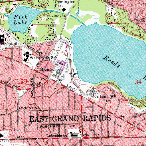 Topographic Map of East Grand Rapids Library, MI