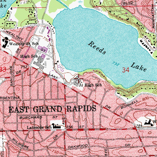 Topographic Map of East Grand Rapids Middle School, MI