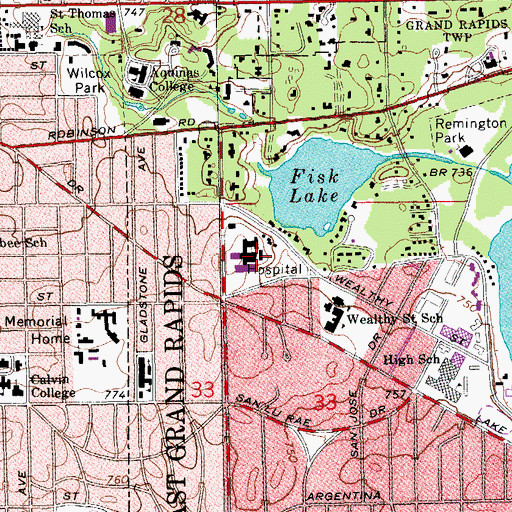 Topographic Map of Spectrum Health - Blodgett Hospital, MI