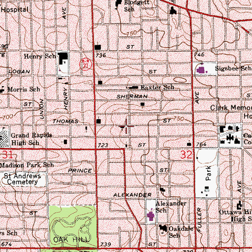 Topographic Map of True Light Baptist Church, MI