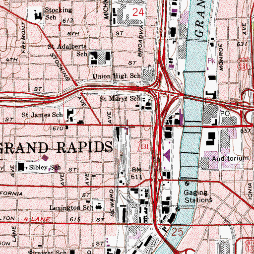 Topographic Map of Grand Rapids Fire Department Bridge Street Station, MI