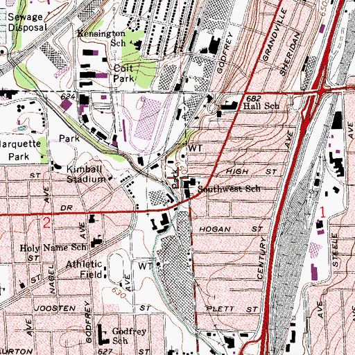 Topographic Map of Roosevelt Park, MI