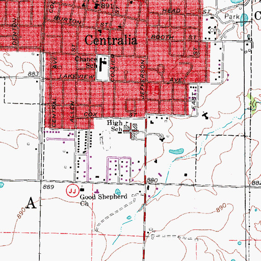Topographic Map of Centralia High School, MO