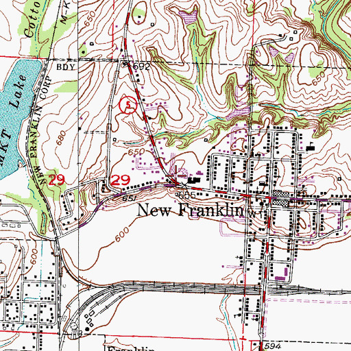 Topographic Map of New Franklin High School, MO