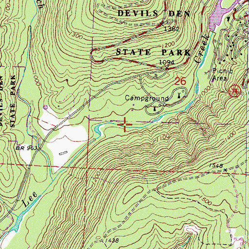 Topographic Map of Devils Den Natural Bridge, AR
