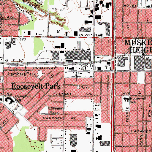 Topographic Map of Roosevelt Park City Hall, MI