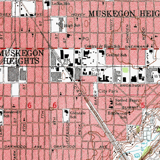 Topographic Map of Muskegon Heights Library, MI