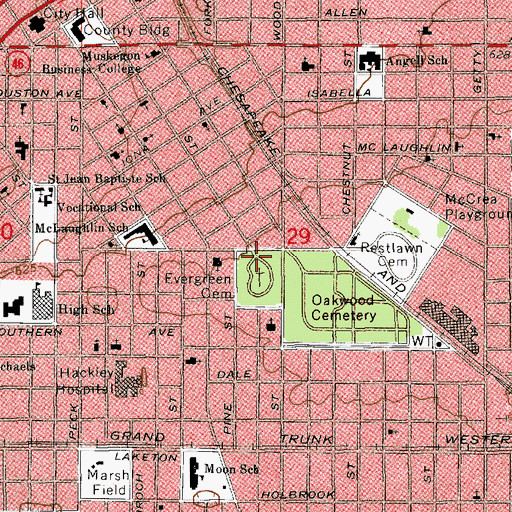 Topographic Map of Evergreen Cemetery Historical Marker, MI