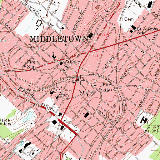 Topographic Map of United Presbyterian Church of Middletown (First Presbyterian location), NY