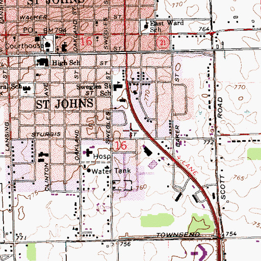 Topographic Map of Saint Johns Lutheran Church, MI