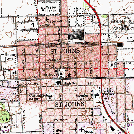Topographic Map of City of Saint Johns Fire Department, MI