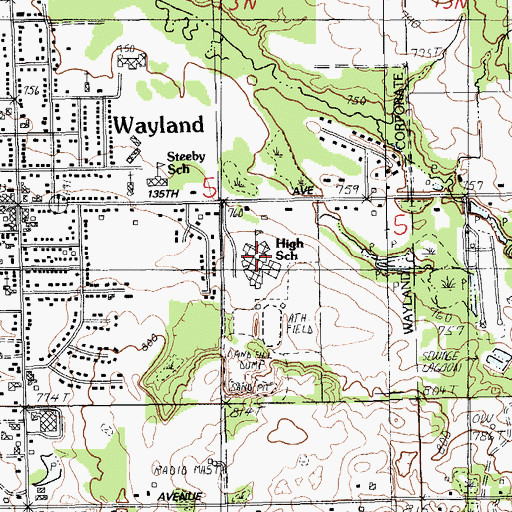 Topographic Map of Wayland High School, MI
