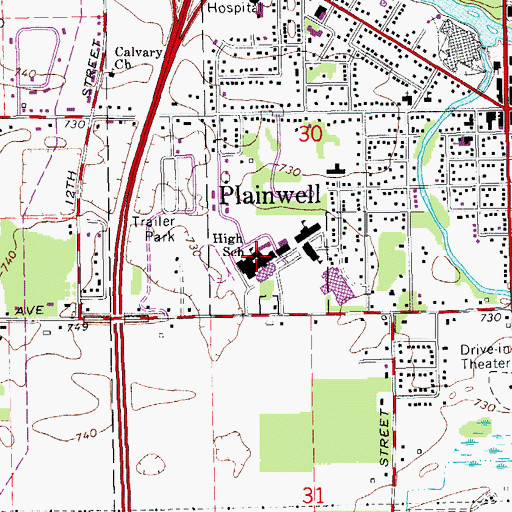 Topographic Map of Plainwell High School, MI