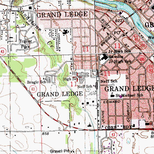 Topographic Map of Grand Ledge High School, MI