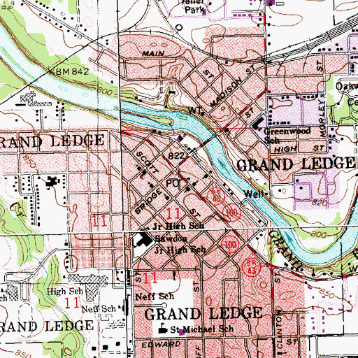 Topographic Map of Grand Ledge Post Office, MI