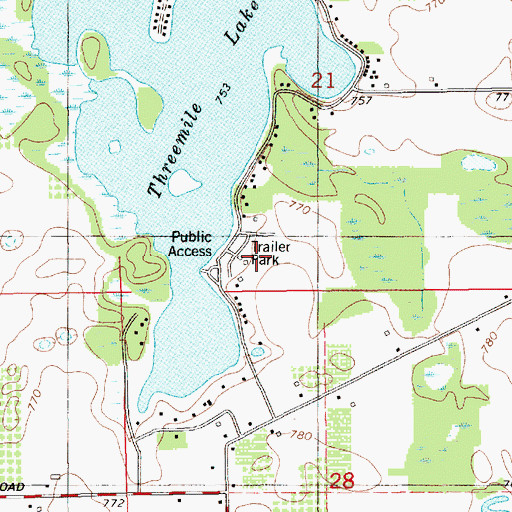 Topographic Map of Three Mile Lake Mobile Home Park, MI