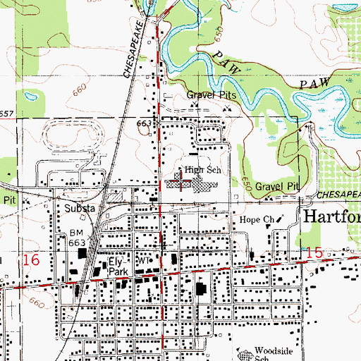 Topographic Map of Hartford High School, MI