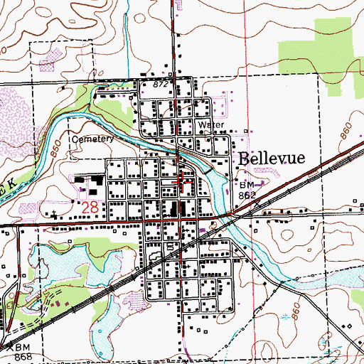 Topographic Map of Bellevue Township Library, MI
