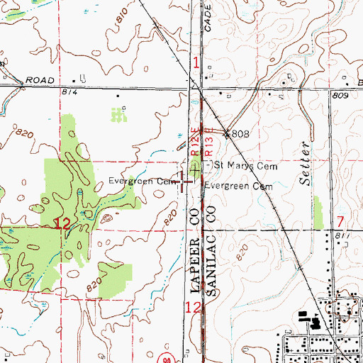 Topographic Map of Evergreen Cemetery, MI