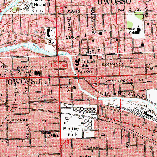 Topographic Map of Owosso City Hall, MI