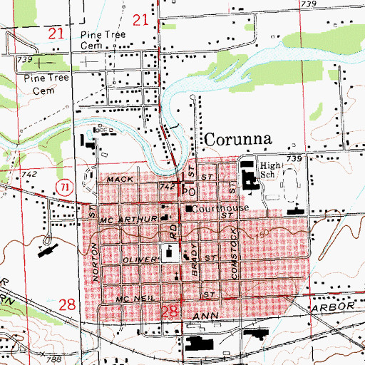 Topographic Map of Corunna Post Office, MI
