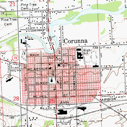 Topographic Map of Corunna Library, MI