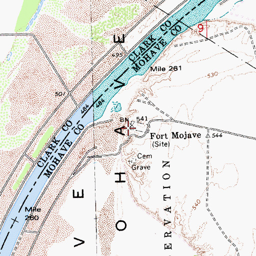 Topographic Map of Fort Mojave Post Cemetery (historical), AZ