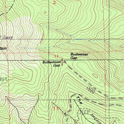 Topographic Map of Budweiser Gap, CA
