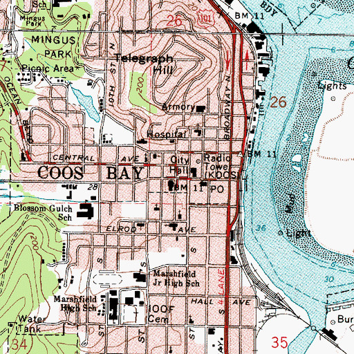 Topographic Map of Coos Bay Fire Department Central Station 1, OR