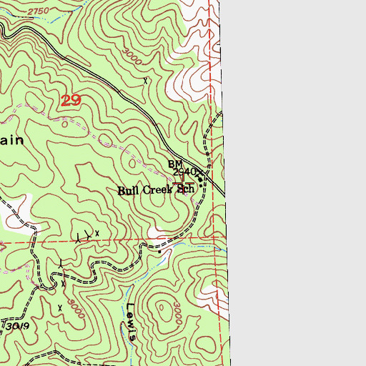 Topographic Map of Bull Creek School, CA