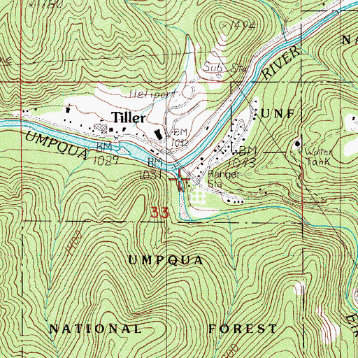 Topographic Map of United States Forest Service Tiller Ranger District, OR