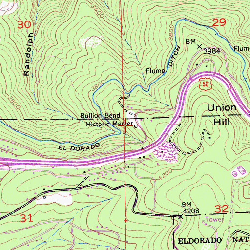 Topographic Map of Bullion Bend Historic Marker, CA