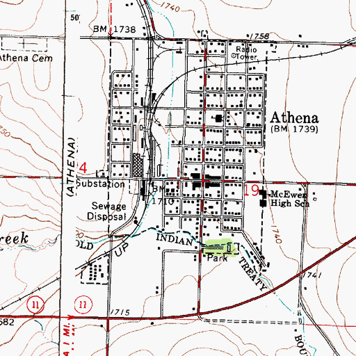 Topographic Map of Athena Volunteer Fire Department, OR