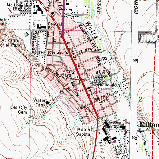 Topographic Map of Milton - Freewater City Fire Department Station 2, OR