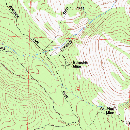 Topographic Map of Burnside Mine, CA