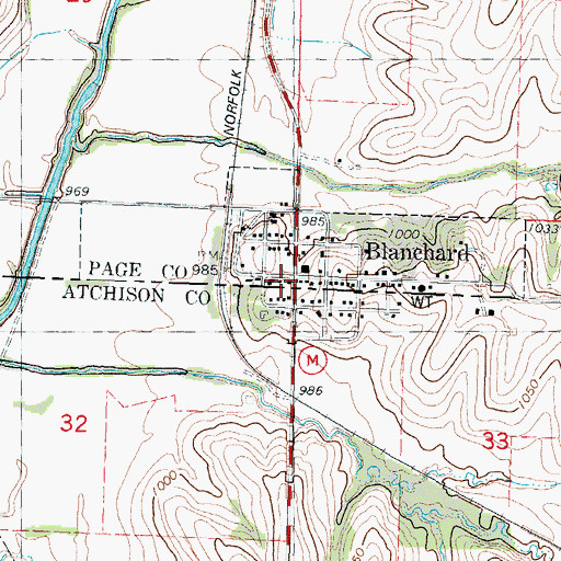 Topographic Map of Blanchard Volunteer Fire Department, IA