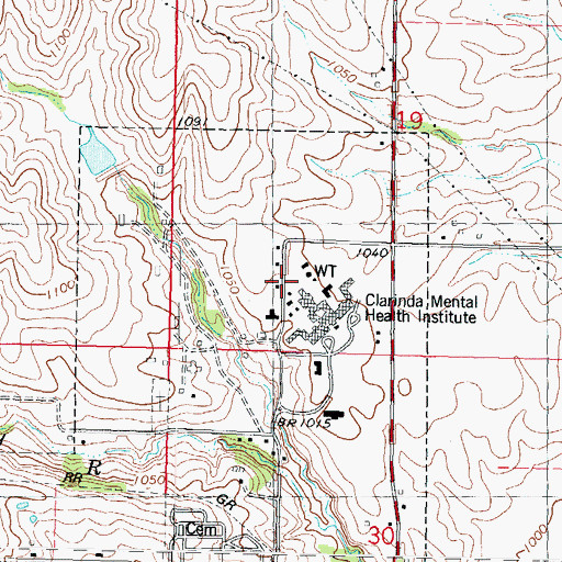 Topographic Map of Clarinda Treatment Complex Fire Department, IA