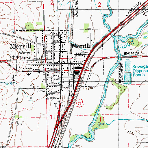 Topographic Map of Merrill Fire Department, IA