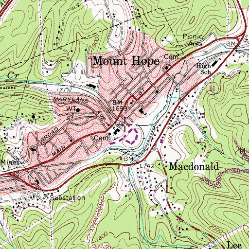 Topographic Map of Mount Hope Volunteer Fire Department, WV