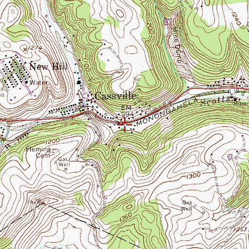 Topographic Map of Cassville - Scotts Run Volunteer Fire Department, WV