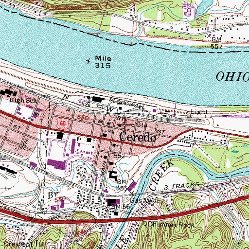 Topographic Map of Ceredo Volunteer Fire Rescue Station 6 - 1, WV
