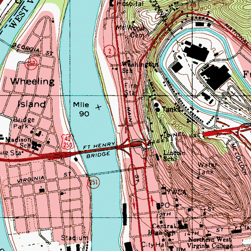 Topographic Map of Wheeling Fire Department Station 2, WV