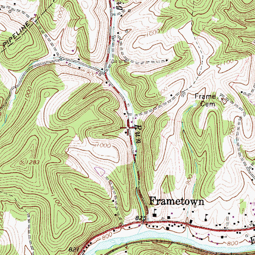 Topographic Map of Frametown Volunteer Fire Department, WV