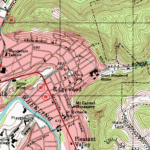 Topographic Map of Wheeling Fire Department Station 10, WV