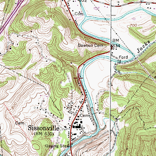 Topographic Map of Sissonville Millertown Pocatalico and Guthrie Volunteer Fire Department Goff Station, WV
