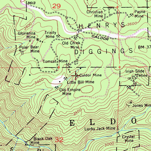 Topographic Map of Caldor Mine, CA